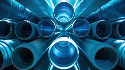 Obraz premium Water Pipes. Graphic Composition of Stacked Blue PVC Tubes with Backlit Glow