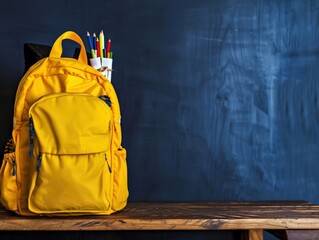 Educational banner featuring a yellow backpack with school supplies on a wooden table, dark blue backdrop.