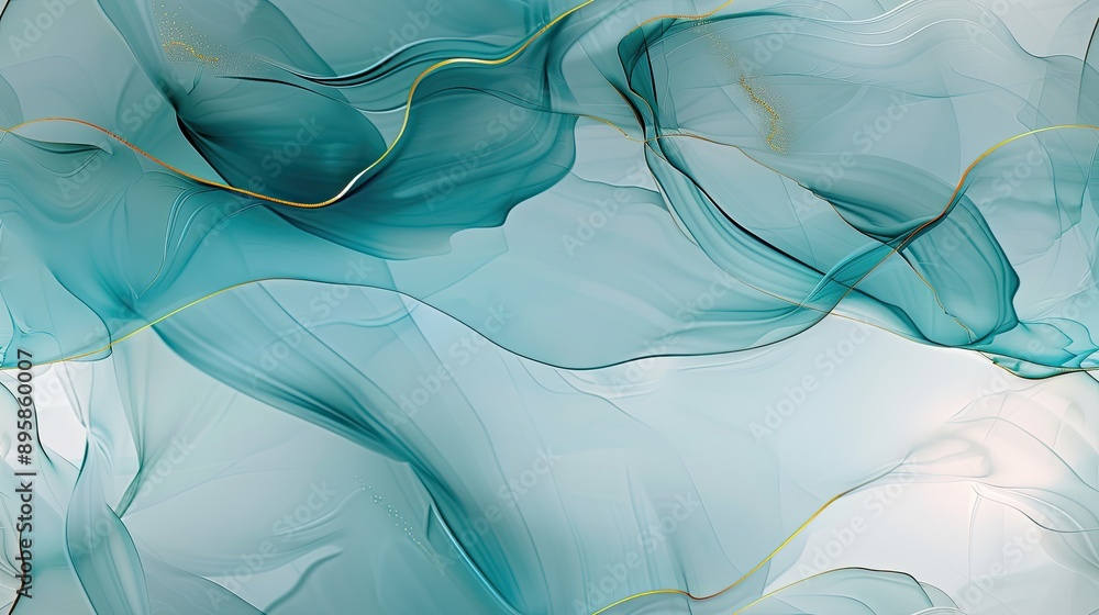 Poster a close-up image of abstract art created using blue, white, and gold paint. the paint has been swirl