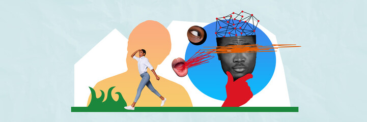 Creative painted collage of complicated guy touch chin brainstorming while girl looking for another...