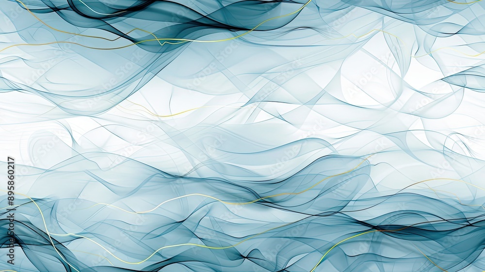 Poster a close-up image of abstract art created using blue, white, and gold paint. the paint has been swirl