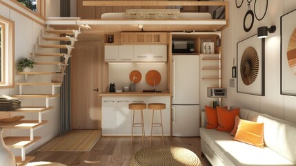 A 3D visual of a tiny house with smart space-saving solutions and modern decor.