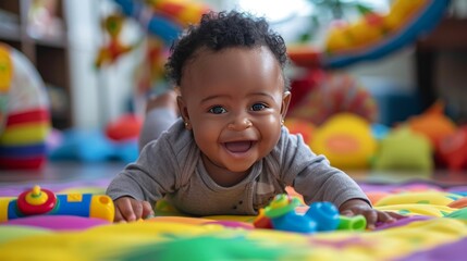 A baby enjoys tummy time on a colorful play mat, reaching out for toys and giggling with delight. The engaging activity and vibrant setting make for a lively and heartwarming scene.