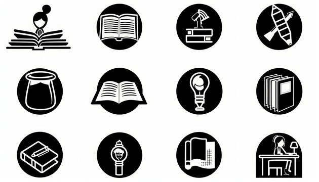 School icon set in black on white, displaying various classroom activities and student engagement.