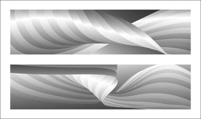 Monochrome cover design, abstract background. Wavy silver parallel gradient lines, ribbons, silk. Set of 2 backgrounds. Black and white with shades of gray banner, poster. eps vector