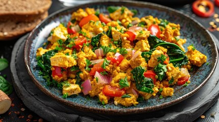 A colorful tofu scramble with bell peppers, spinach, onions, and turmeric served with whole grain toast