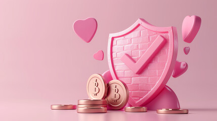 A vibrant pink shield symbolizes security, surrounded by hearts and coins, representing love and financial protection.