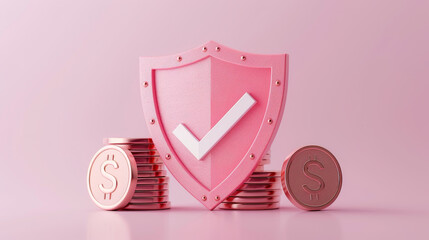 Stylish shield symbolizing security and trust with coins, representing finance and protection in a vibrant pink theme.
