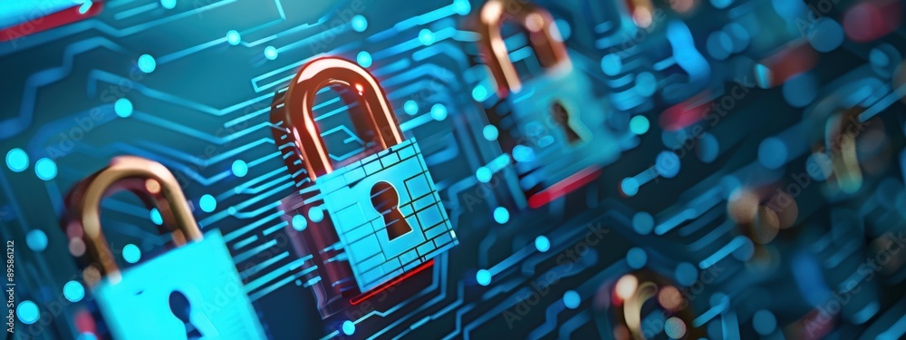Poster a blue background with a row of locks on it. the locks are all different sizes and colors