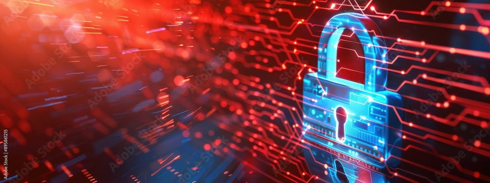 Poster a computer chip with a red and blue lock on it
