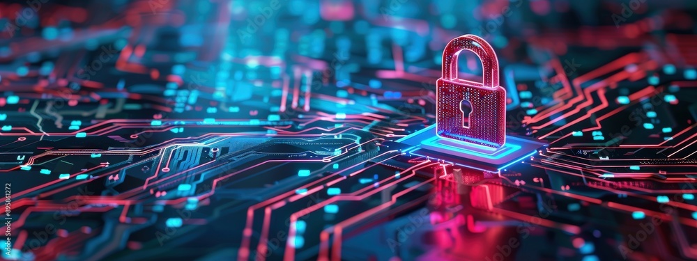 Poster a computer chip with a red and blue lock on it