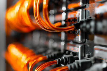 Close-up of a copper electric wire against the server equipment background.