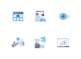 Business and work - flat design style icons set. High quality colorful images of calendar with an event, employee with documents, eye, wallet with money, puzzle and performance graph on a laptop