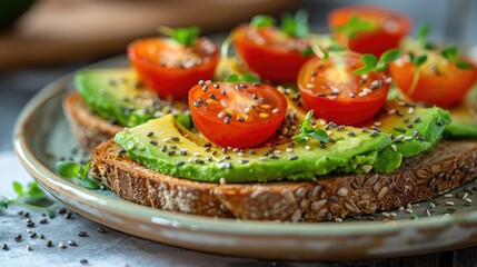 A plate with whole grain toast topped with mashed avocado, cherry tomatoes, and a sprinkle of chia seeds