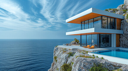 Fototapeta premium A telephoto angle photo of a modern house on a cliff during a bright, sunny day, with the blue sky and sea providing a stunning backdrop, with copy space