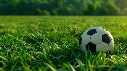 A soccer ball on the grass, with a blurred background of green fields and trees. The sunlight shines through the leaves onto the football field
