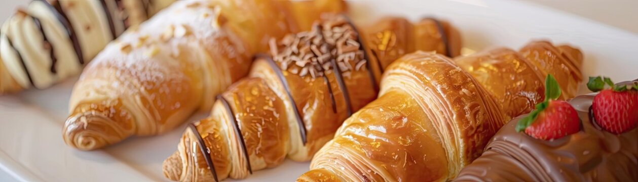 A close-up shot of assorted croissants on a white plate, perfect for breakfast or brunch, showcasing variety and deliciousness.