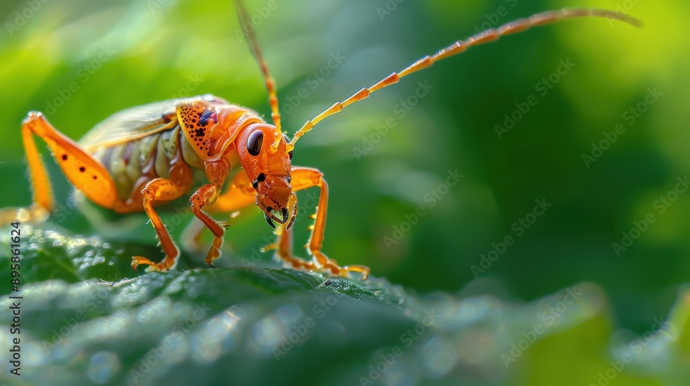 Poster a bug is on a leaf. the bug is orange and has a black head