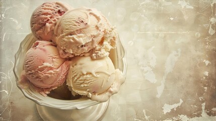 A vintage-style photo of a bowl with scoops of creamy, delicious ice cream in various flavors, presented in a soft, rustic aesthetic.