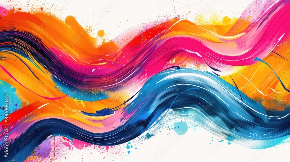 Poster abstract brush stroke ribbons with vibrant colors, creating a dynamic and fluid background with wave