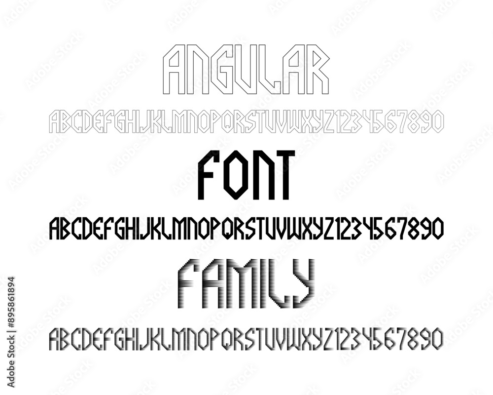 Poster angular font family. alphabets and numbers in three similar styles.