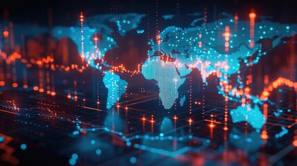 A world map overlaid with stock market charts from different countries, highlighting global market trends - Powered by Adobe