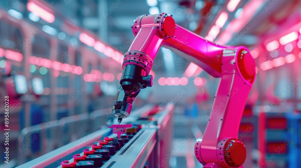 Poster a pink robot is working in a factory. the robot is pink and has a claw on its arm