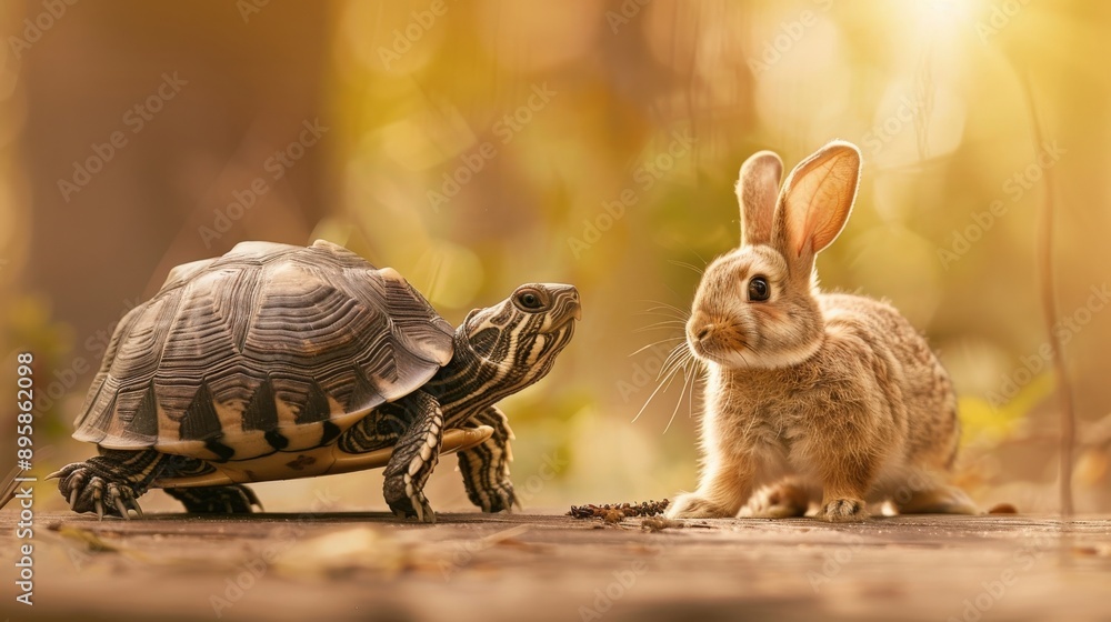 Poster a turtle and a rabbit are standing next to each other