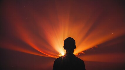 Fototapeta premium Generative AI, Mysterious silhouette of a person with radiant beams of light emanating from behind, creating a dramatic and ethereal atmosphere