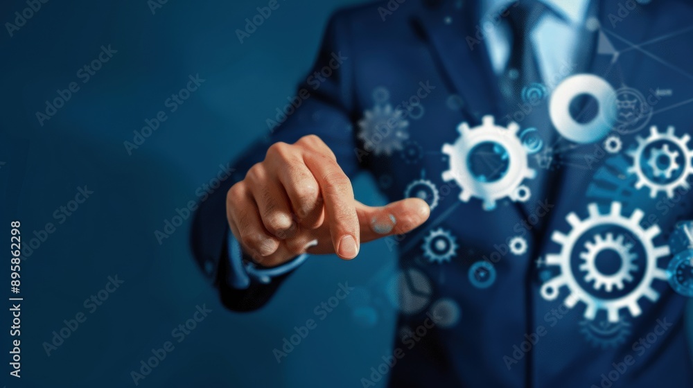 Poster a man in a suit is pressing a button on a computer screen that shows gears. concept of technology an