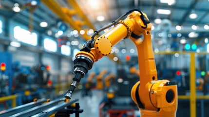 A robot is working in a factory, with a bright orange color