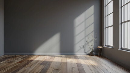 Minimalist room with gray walls and wooden flooring. Large windows allow natural light to fill the space, highlighting the decor.