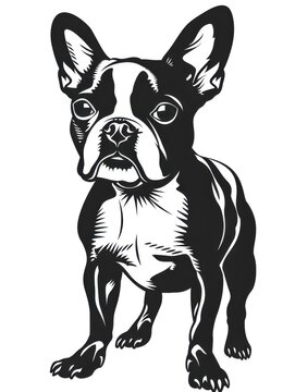 Black And White Flat Vector Art Of A Boston Terrier, Svg Style, Isolated On White Background, Simple Vector Art Design. 