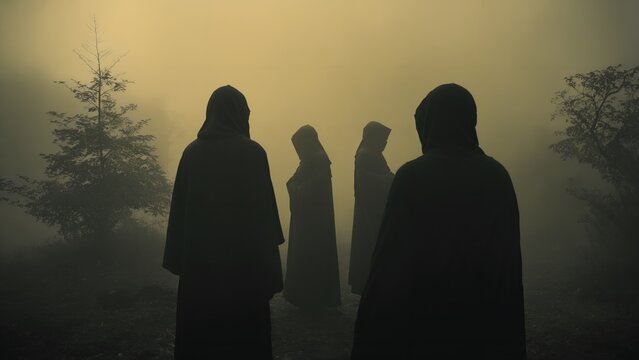 Generative AI, Dark, eerie scene with hooded figures near a cross in a misty forest, illuminated by a mysterious golden light, evoking themes of religious solemnity and mystery
