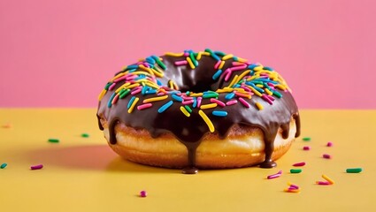 single freshly glazed glossy sheen chocolate frosted donut with colorful sprinkles on top, photograph a vibrant yellow pink background