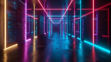 3d Render neon lights room indoor virtual 