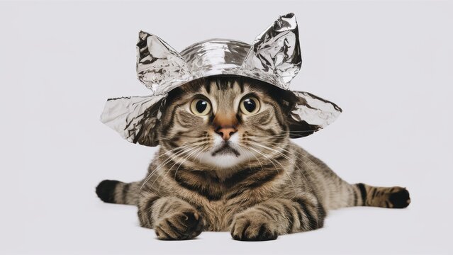 A cat wearing a tin foil hat with its eyes closed, AI