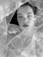 Woman Enveloped in Delicate Fabric, Monochrome Portrait