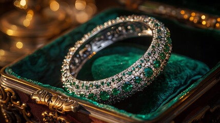 Emerald-studded silver bangle in a plush velvet box