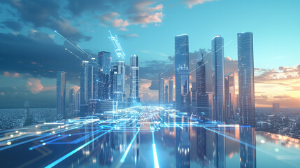 A sleek digital world contrasted with a tranquil, cloudless sky.