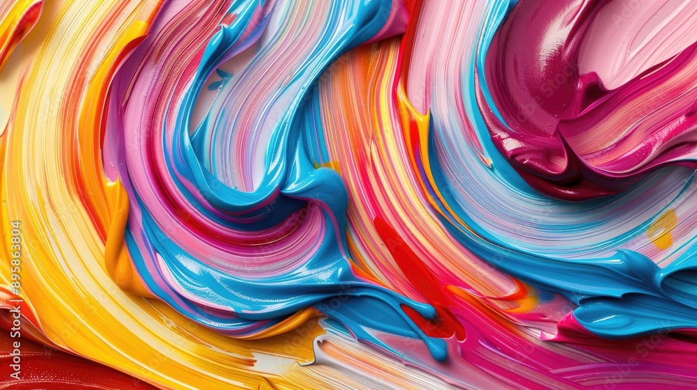 Poster abstract paint strokes in ribbon shapes, featuring vibrant colors and fluid wave designs for a dynam