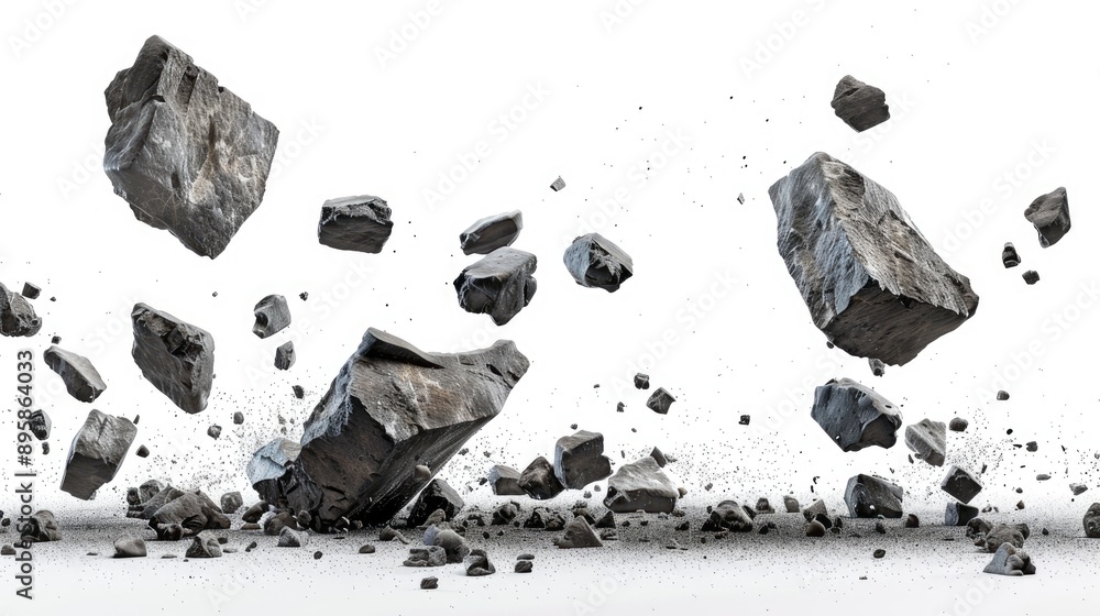Poster abstract splash of falling rocks on a white background, perfect for creating dramatic and dynamic sc