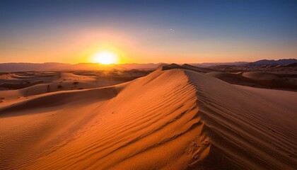 Produce a breathtaking visual of a desert landscape at sunset, with towering sand dunes and the fiery sun dipping below the horizon, illustrating the stark beauty and solitude of desert environments