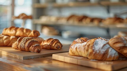 Freshly baked croissants displayed on wooden boards at a bakery, with a blurred background showcasing more baked goods on shelves.