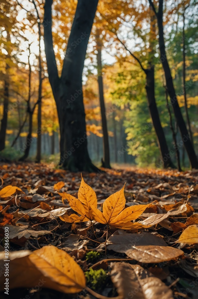 Wall mural autumn leaves on forest ground background design with copy space