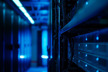 Minimalistic photo of an electric wire illuminated by blue light against the server equipment background, symbolizing high technology.