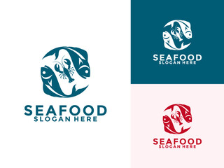 Crayfish Prawn Shrimp Lobster combination with Fish, Seafood Restaurant logo vector template