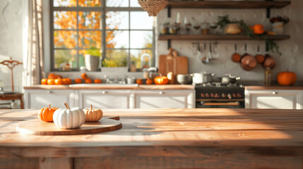 Wood tabletop with room for text in a fall kitchen setting, decorated with pumpkins.