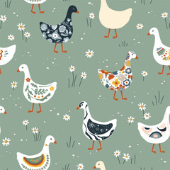 Cute geese or ducks with various patterns on their plumage walking in the grass. Nursery meadow seamless pattern. Vector