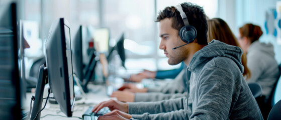 Focused young professional wearing headset working at computer in modern office environment, engaging in customer support or IT services.